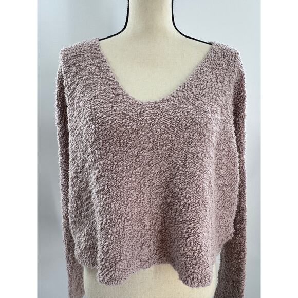 Free People Pink Mauve Boucle V Neck Pullover Crop Boxy Sweater Top Large - Picture 3 of 8
